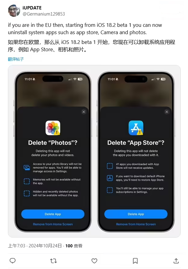 南漳苹果手机维修分享iOS 18.2 支持删除 App Store 应用商店 