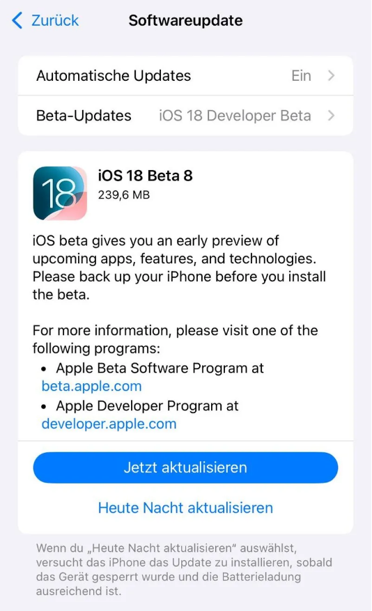 南漳苹果手机维修分享苹果 iOS / iPadOS 18 开发者预览版 Beta 8 发布 